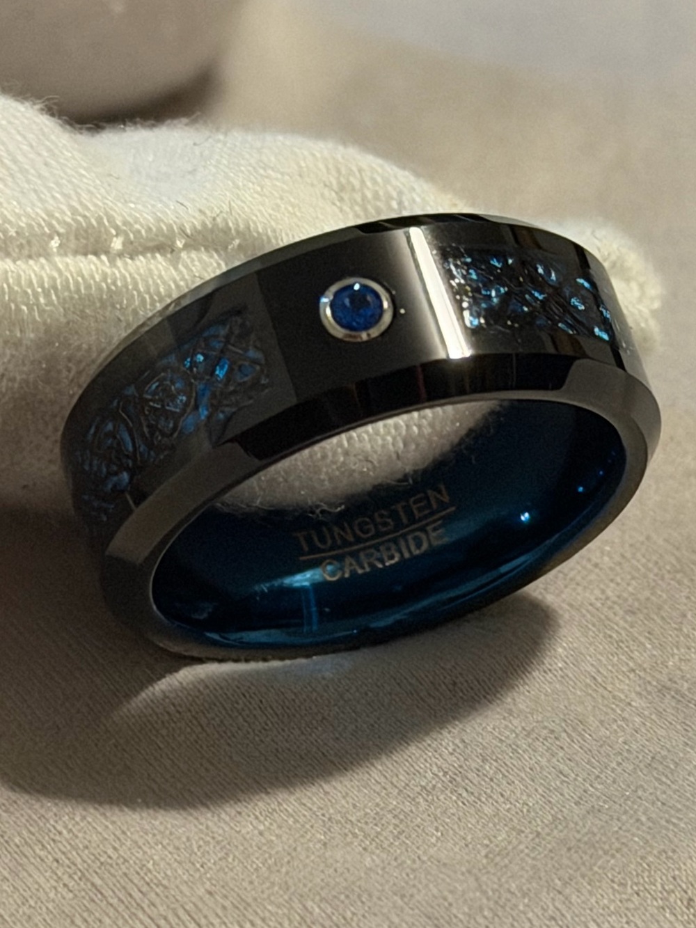 Men's Black Tungsten Carbide Ring with Blue Inlay and Blue Gem